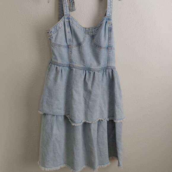 American Eagle Tiered Skirt Denim Dress Western Raw Hem Corset Top Size Small - Picture 1 of 10
